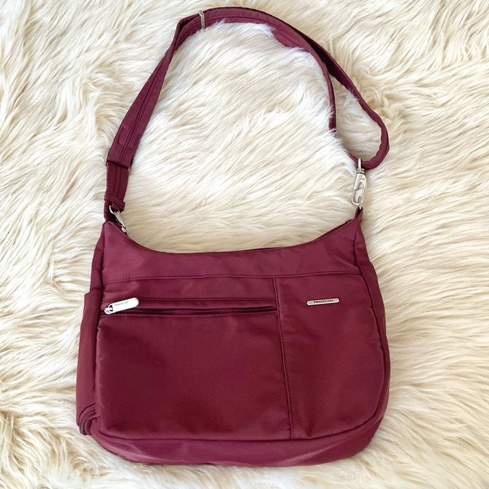 Travelon Anti-Theft Essentials East/West Hobo Burgundy Wine Red Bag NWT